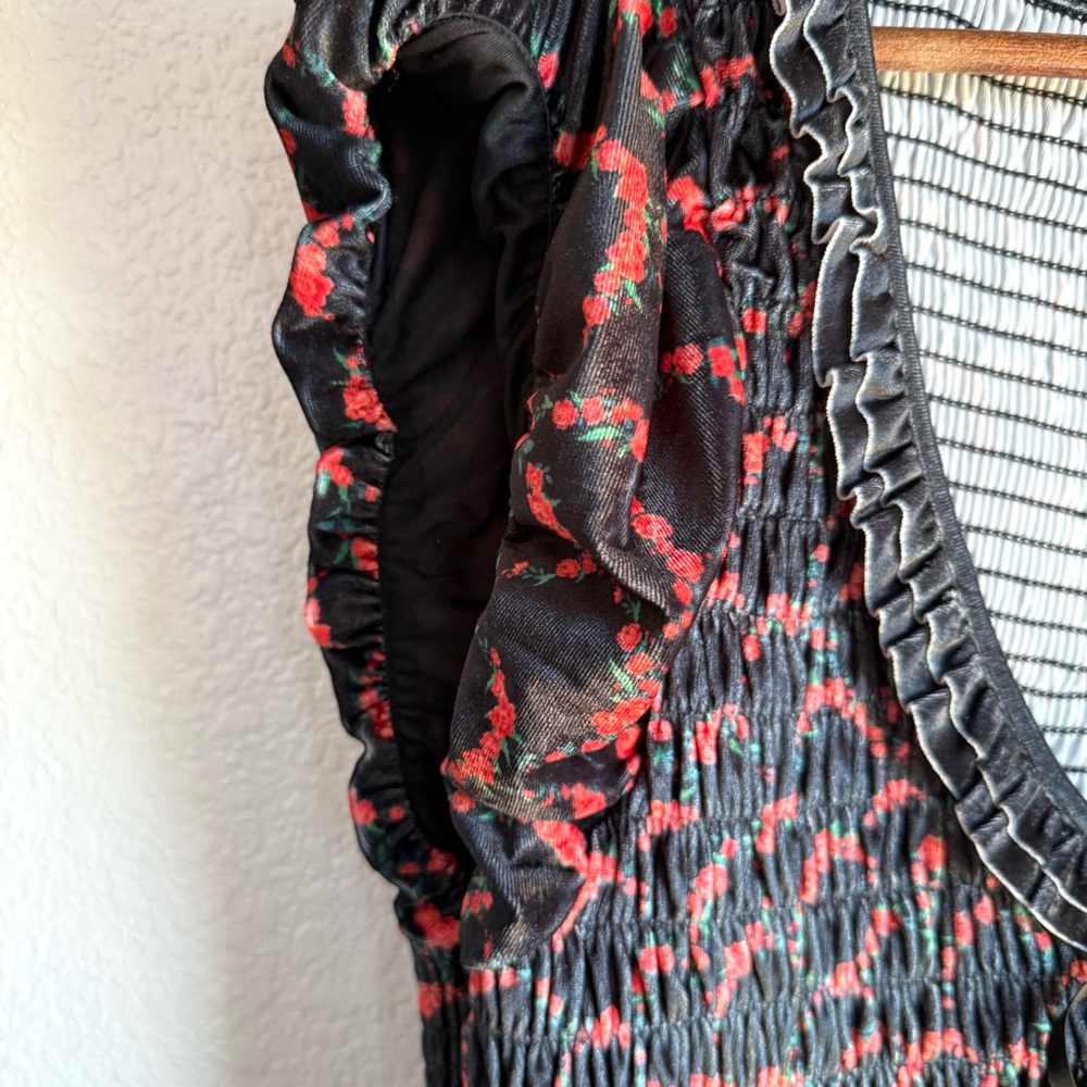 NWT Free People Womens Dress Black Red McKenna Smocked Floral Midi Size Large - Picture 7 of 11